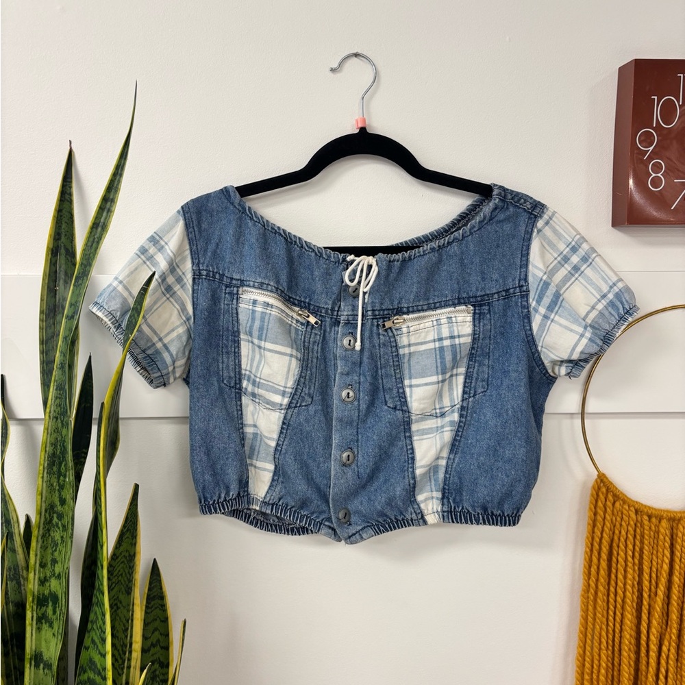Vintage Plaid Denim Crop Top